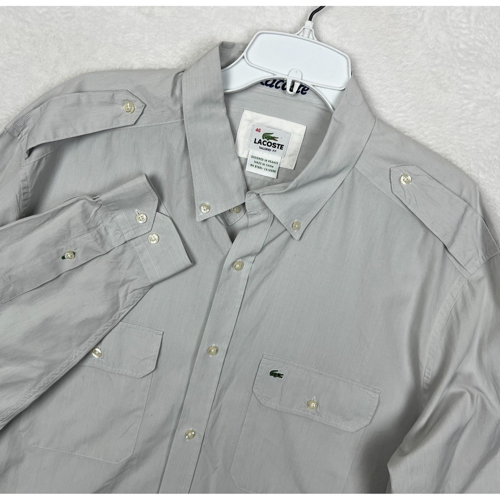 Lacoste Button Down Shirt Mens 46 (2XL) Gray Long Sleeve Shoulder Strap Pockets
